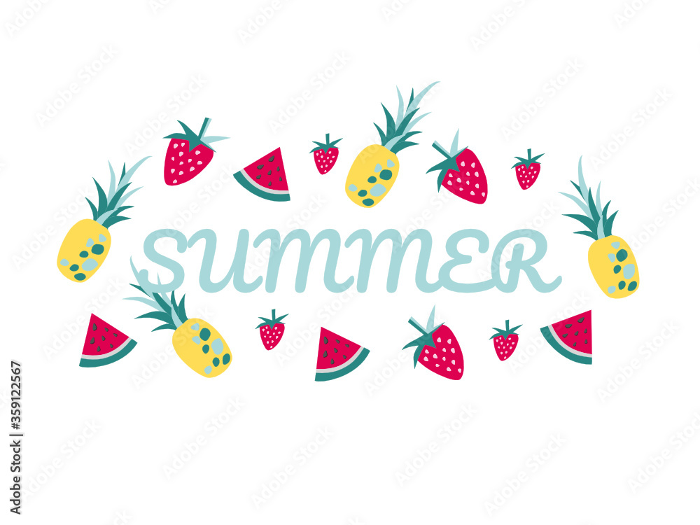 Vector summer illustration with bright mint sign and different fruits
Vector summer illustration with bright mint sign and different fruits