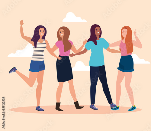 happy characters, young women group, friendship excitement, cheerful laughing from happiness vector illustration design