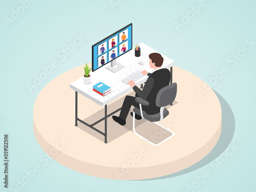Manager lead meeting work presentation his staff through video conference flat cartoon style.