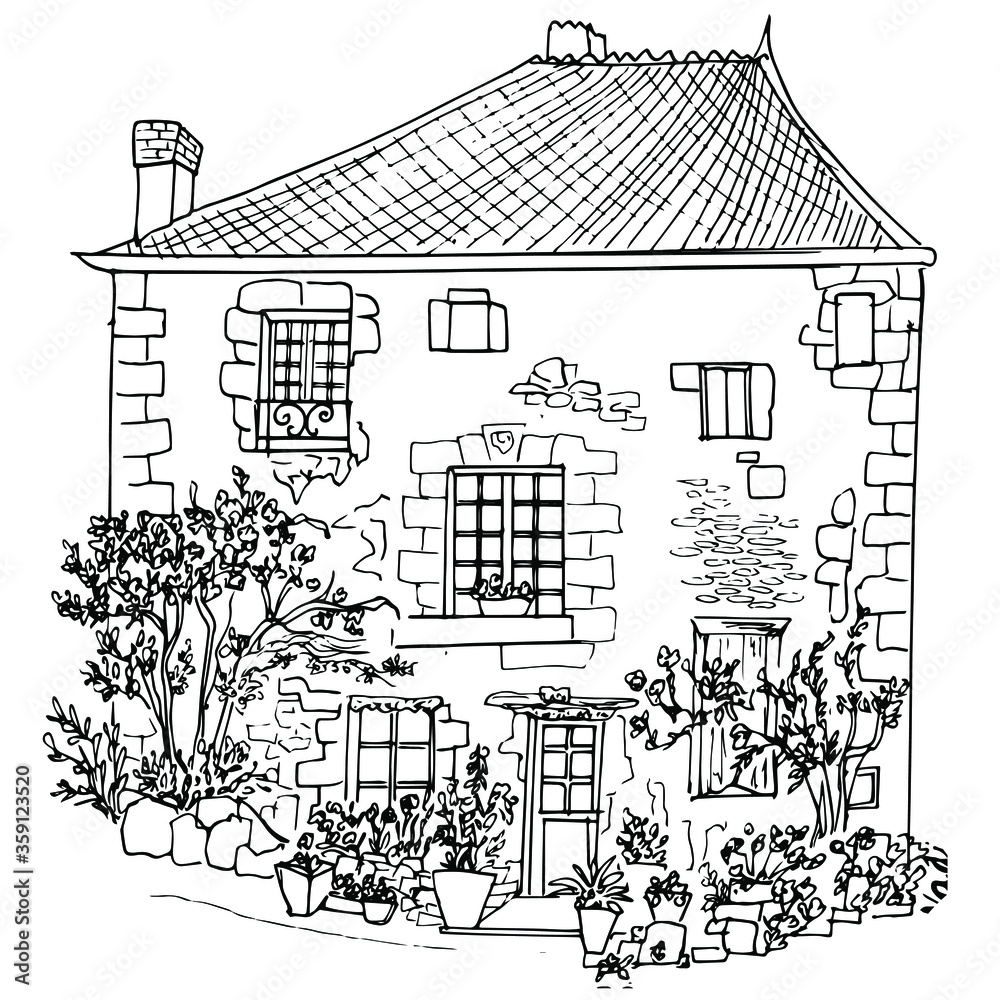 French architecture. Linear sketch of Cozy Old French house covered ...
