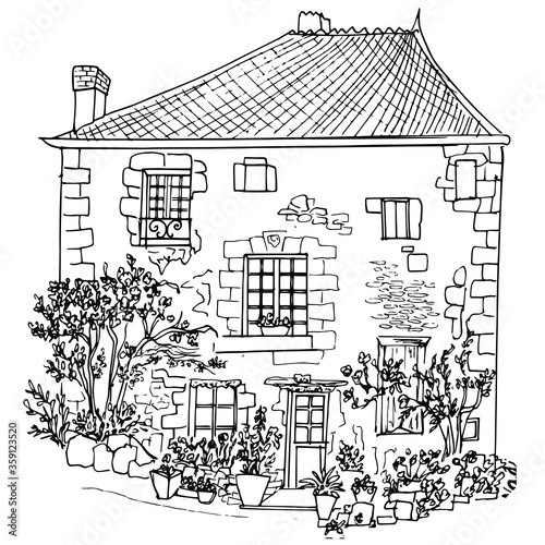French architecture. Linear sketch of Cozy Old French house covered with greenery and flowers in the village of Montresor. Loire valley.Hand-drawn.Coloring pages for children and adults.