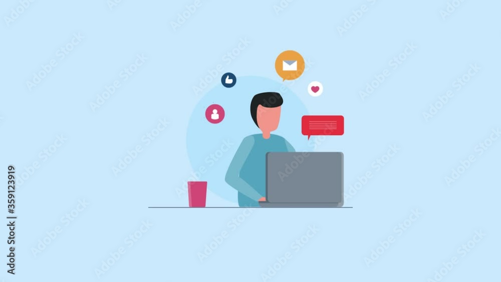 Digital marketing campaign with character animation. Internet marketing and technology specialist working on digital advertising and marketing strategy. 2d animation, 4k video clip.