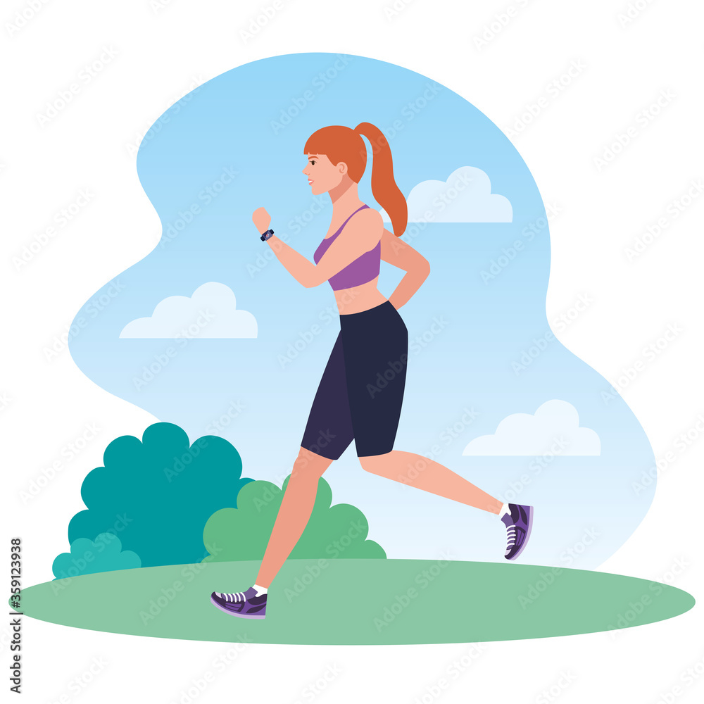 woman running in landscape, woman in sportswear jogging, female athlete, sporty person vector illustration design