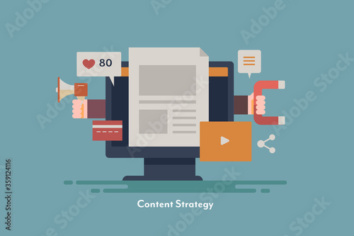 Content strategy, content marketing, video content, inbound marketing, content promotion and social media marketing concept. Internet and technology. Flat design web banner.