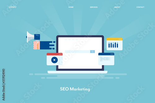 Digital marketing campaign including search engine optimization, SEO, video marketing, website traffic analysis. Internet and technology concept.