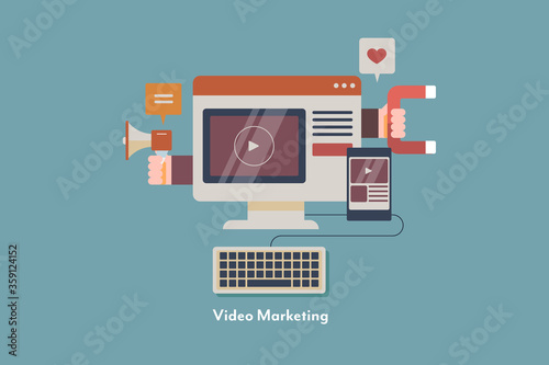 Video marketing, brand promotion via video content on web, attracting new customer with video advertising, digital marketing and video strategy concept. Social media and internet web banner.