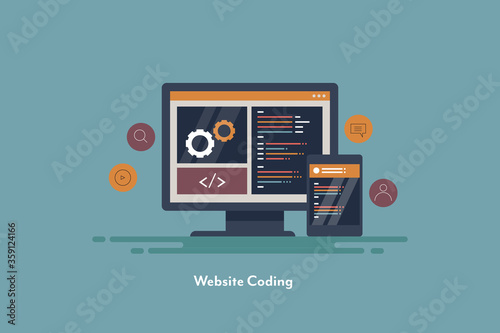 Programming and coding, software development, website coding, code language on mobile and computer screen concept. Web banner template for presentation, blog, internet and technology.