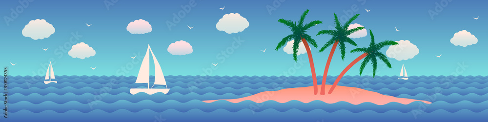 Vector cartoon flat abstract illustration of island in ocean with white yacht.