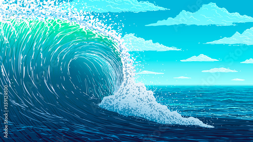 Vector illustration. Big ocean wave. © evgenii141