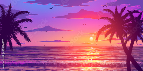 Vector illustration. Silhouettes of palm trees on the background of the ocean at sunset.