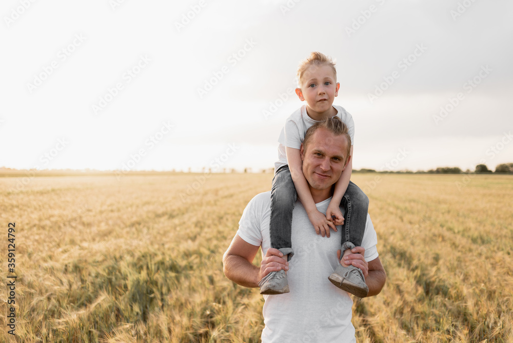 happy family of father and child walk on a wheat field. New crop. The son is sitting on his shoulders. Tender baby hugs. happy family of father and child walk on a wheat field. New crop. The son is sitting on his shoulders. Tender baby hugs.