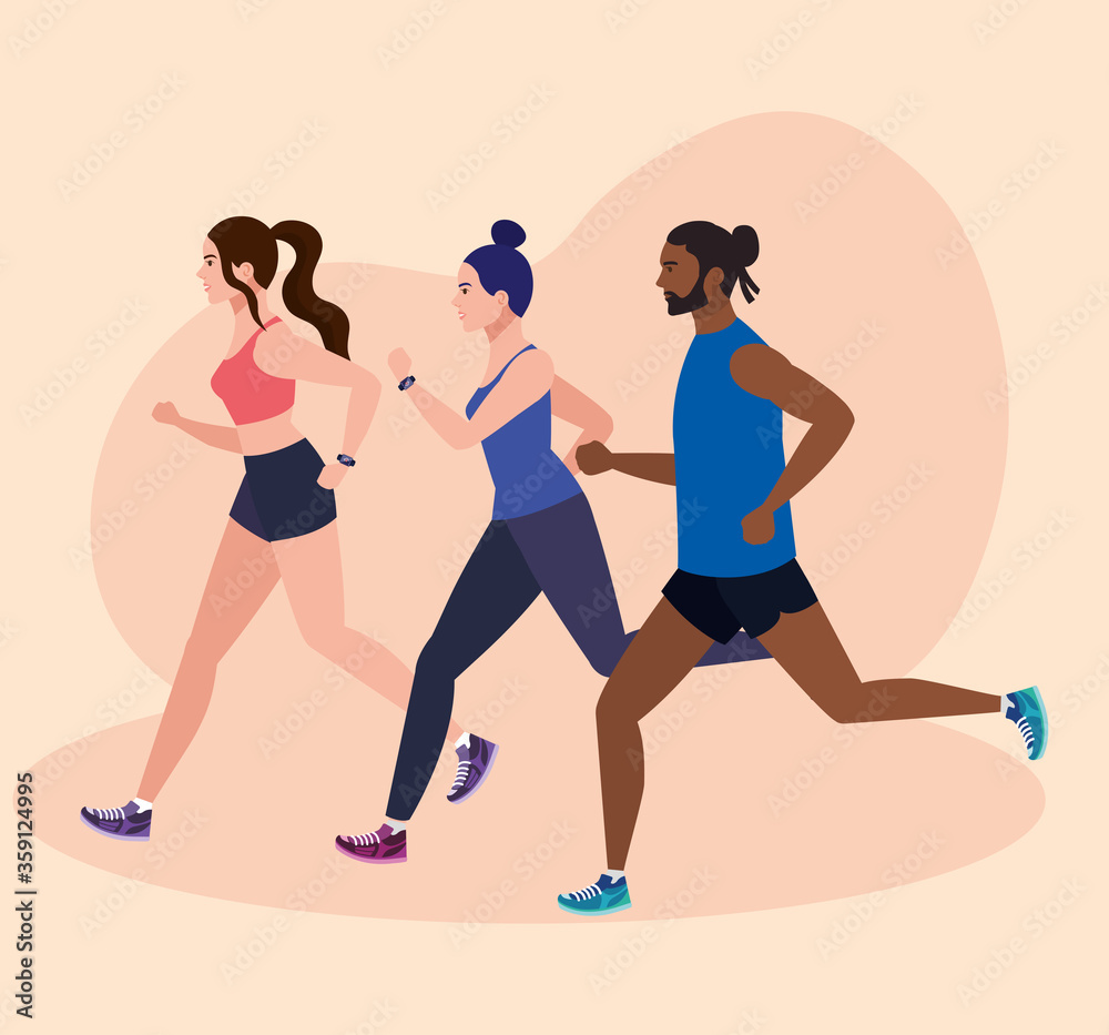 women and man running in landscape, people in sportswear jogging, persons athlete, sporty persons vector illustration design