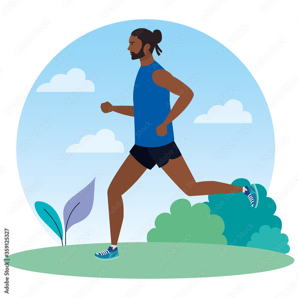 man afro running in landscape, man in sportswear jogging, male athlete, sporty person vector illustration design