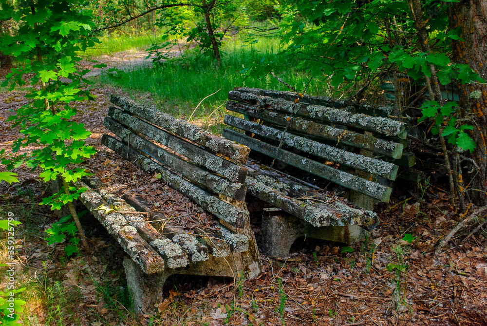 Broken bench in Pripyat, a ghost town in northern Ukraine, evacuated the day after the Chernobyl disaster on April 26, 1986 Broken bench in Pripyat, a ghost town in northern Ukraine, evacuated the day after the Chernobyl disaster on April 26, 1986