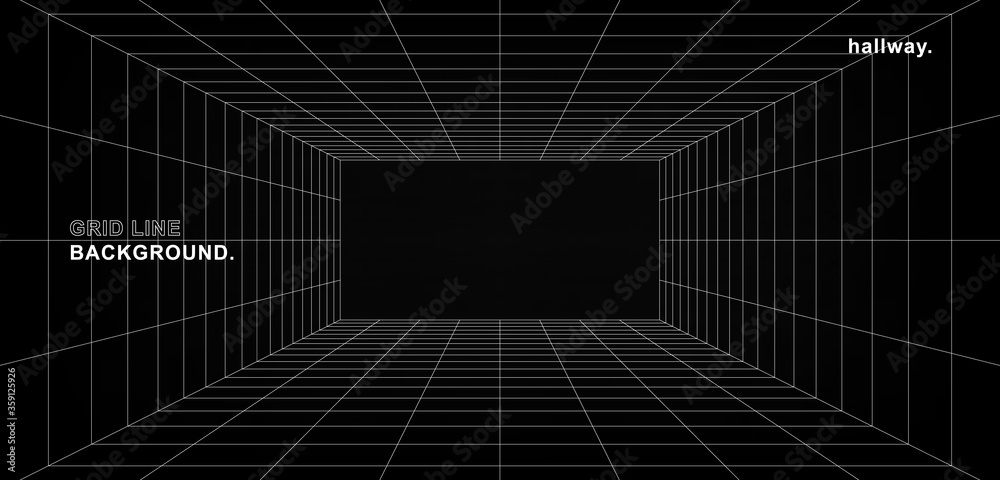 Futuristic digital hallway space blank gray-black color background with white grid space line color surfaces. Cyber, technology, banners, covers, terrain, sci-fi, frames, and related background. Futuristic digital hallway space blank gray-black color background with white grid space line color surfaces. Cyber, technology, banners, covers, terrain, sci-fi, frames, and related background.