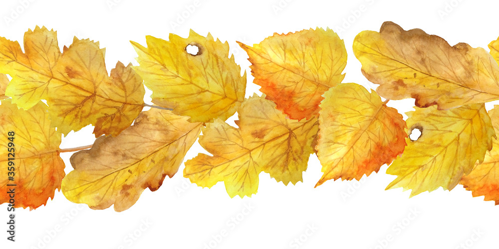 Φωτογραφία watercolor hand drawn seamless horizontal border of autumn fall illustration small elements for thanksgiving design template brown nature berries leaves leaf in orange yellow color