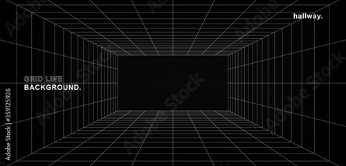 Futuristic digital hallway space blank gray-black color background with white grid space line color surfaces. Cyber, technology, banners, covers, terrain, sci-fi, frames, and related background.