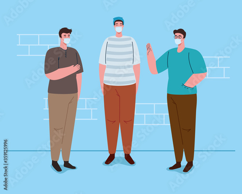 social distancing, keep distance in public society to people protect from covid 19, men wearing medical mask against coronavirus vector illustration design