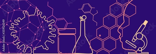 Medical industry, biotechnology and biochemistry. Scientific medical designs. Virus diseases relative theme. Human head silhouette. Thin lines style banner