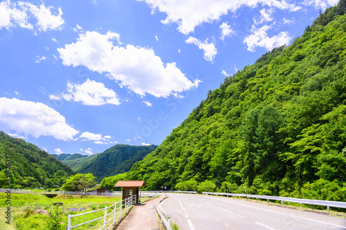 道路と青空と新緑の山