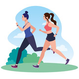 women running in landscape, women in sportswear jogging, female athlete, sporty persons vector illustration design