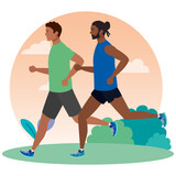 men running in landscape, men in sportswear jogging, male athlete, sporty persons vector illustration design