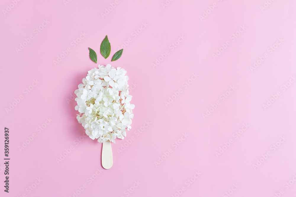 floral ice cream. white fresh hydrangea flowers on a pink background. flat lay, top view, space for text