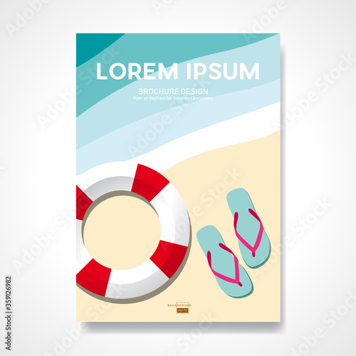Flip flops and lifebelt on the beach. Retro vector summer background and illustration.