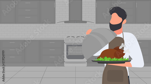 A man holds a roast turkey in his hand. The guy in the kitchen apron is holding fried chicken. Good for banners and articles on the culinary theme. Vector.