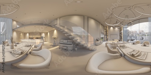 3d illustration spherical 360 vr degrees, a seamless panorama of the room and apartment . interior design 3D rendering.reception in a modern panoramic house. © anon