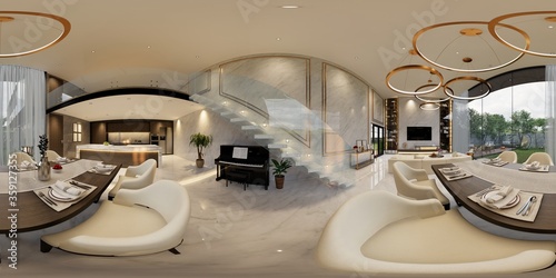 3d illustration spherical 360 vr degrees, a seamless panorama of the room and apartment . interior design 3D rendering.reception in a modern panoramic house. © anon