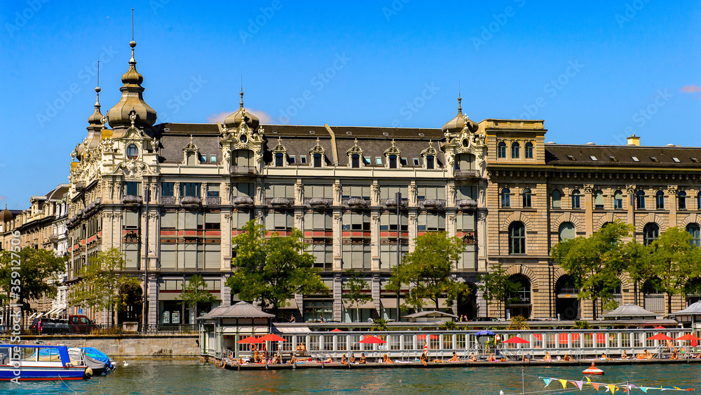 Architecture on the  Limmat river of Zurich, the largest city in Switzerland
