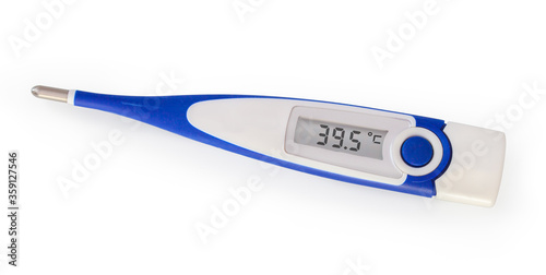 Rigid Tip Digital Thermometer with high temperature on display. Designed for oral, axillary and rectal use. Isolated on white background with natural shadow. With clipping path.