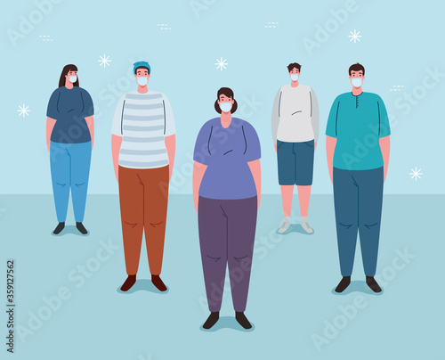 social distancing, keep distance in public society to people protect from covid 19, group people wearing medical mask against coronavirus vector illustration design