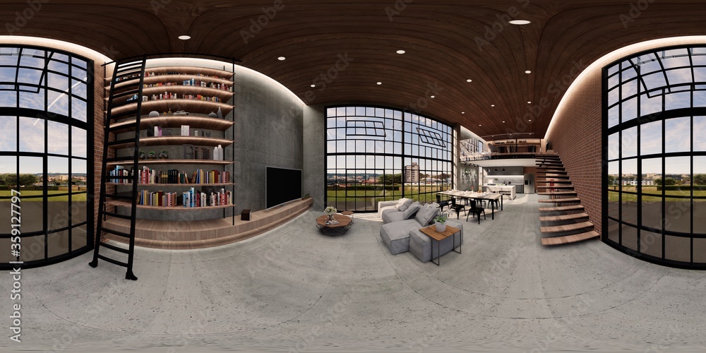 © anon - 3d illustration spherical 360 vr degrees, a seamless panorama of the room and apartment . interior design 3D rendering.reception in a modern panoramic house.