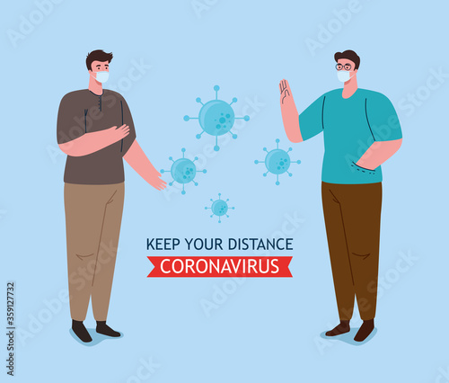 social distancing, keep distance in public society to people protect from covid 19, men wearing medical mask against coronavirus vector illustration design