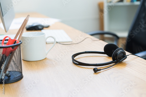 Headset, Headphone on the desk call centre customer service office.