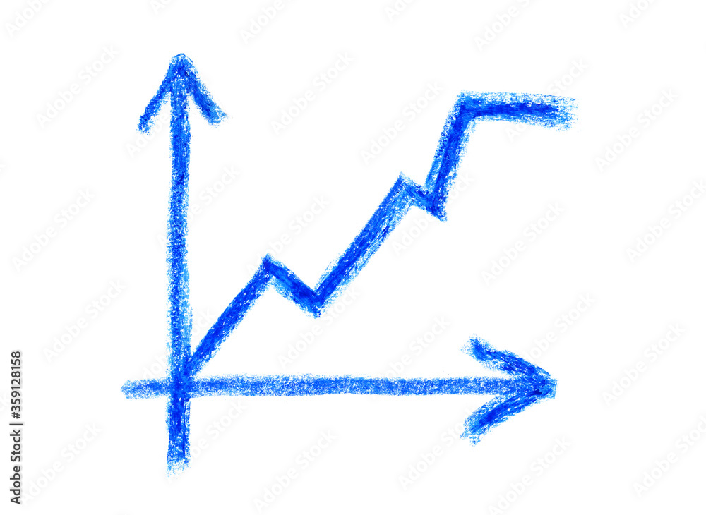 coordinate axes with a graph for increasing indicators. Вектор business icon in blue drawn by hand in oil pastel crayons and isolated on a white background. coordinate axes with a graph for increasing indicators. Вектор business icon in blue drawn by hand in oil pastel crayons and isolated on a white background.