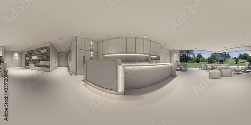3d illustration spherical 360 vr degrees, a seamless panorama of the room and apartment . interior design 3D rendering.reception in a modern panoramic house. photo