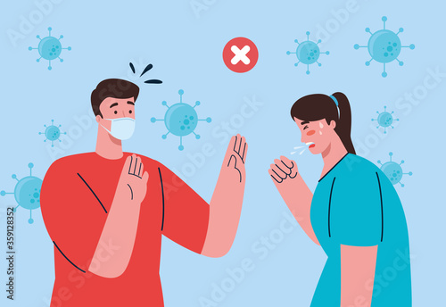 social distancing, keep distance in public society to people protect from covid 19, couple wearing medical mask against coronavirus vector illustration design