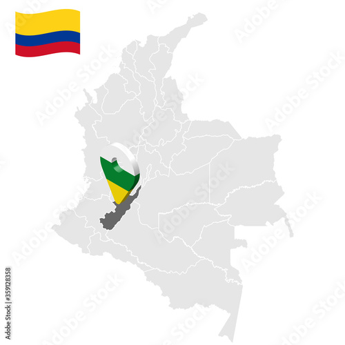 Location of Huila on map Colombia. 3d Huila location sign. Flag of Huila. Quality map with regions  of Colombia for your web site design, logo, app, UI. Stock vector. EPS10.

