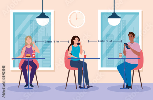 social distance in new concept, people eating on tables, protection, prevention of coronavirus covid 19 vector illustration design