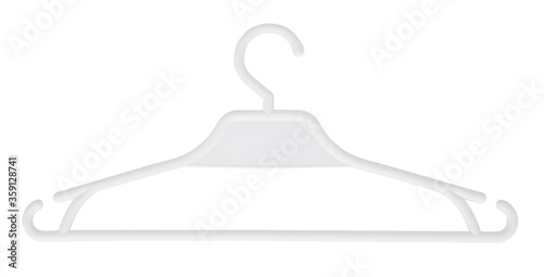 Plastic clothes hanger. Isolated on white background with clipping path. Coat hanger on white bg. Coathanger cutout. Overhead shot. Studio photography. With vector path around object. Bitmap