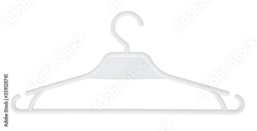 Plastic clothes hanger. Isolated on white background with clipping path. Coat hanger on white bg. Coathanger cutout. Overhead shot. Studio photography. With vector path around object. Bitmap photo