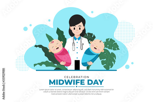 Flat Design midwife day background. Midwife day design with baby boy and girl. Happy midwife day design