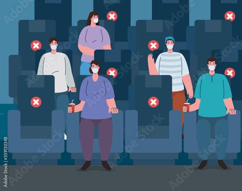 new normal of social distancing in public place, cinema theatre during coronavirus covid 19, people wearing medical mask, keeping distance against covid 19 spreading vector illustration design