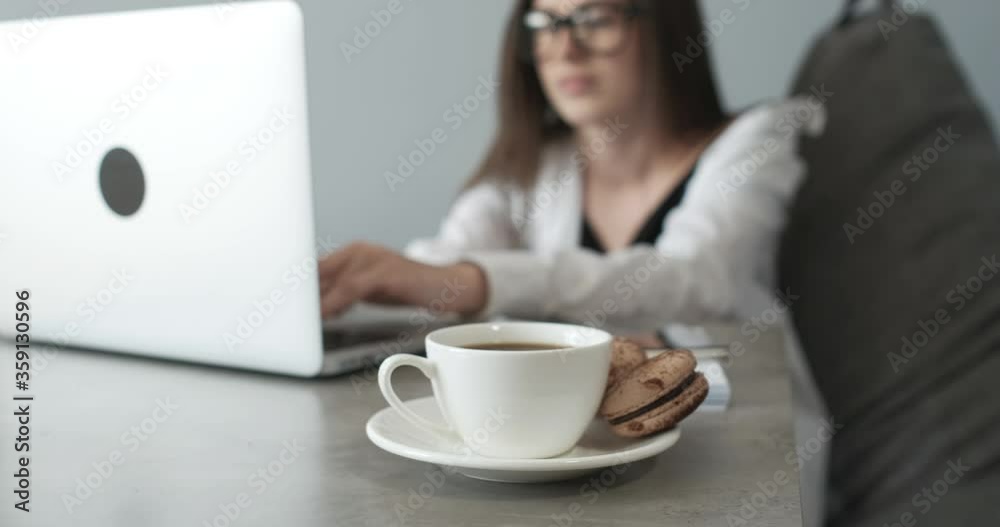 One Beautiful Young Adult Girl Doing Job from Home with Laptop, Freelance, Social Distancing and Home Working Concept One Beautiful Young Adult Girl Doing Job from Home with Laptop, Freelance, Social Distancing and Home Working Concept
