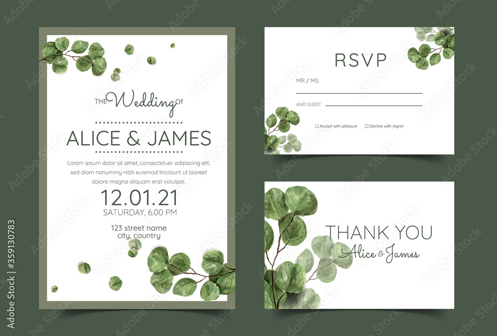 Wedding Invitation, floral invite thank you, rsvp modern card Design green tropical eucalyptus leaf. Vector