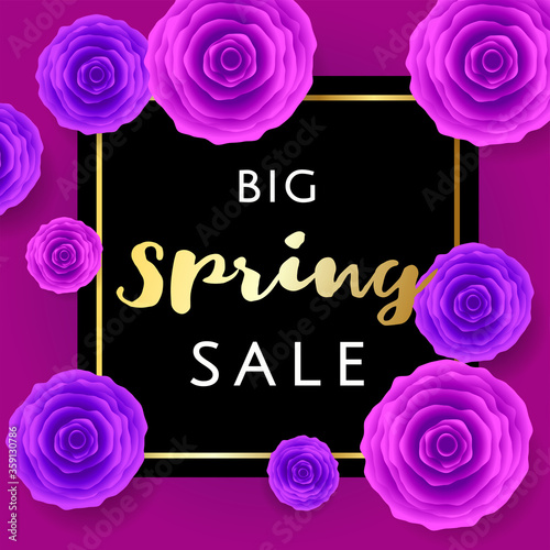 Spring sale blossom flowers with ribbons background cut paper art style for banner, poster, promotion, web site, online shopping, advertising. Vector illustration.