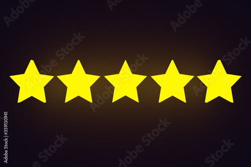 3d illustration 5 golden stars stands in a row on black isolated background. The concept of evaluation of restaurants, hotels and others. First-class star rating